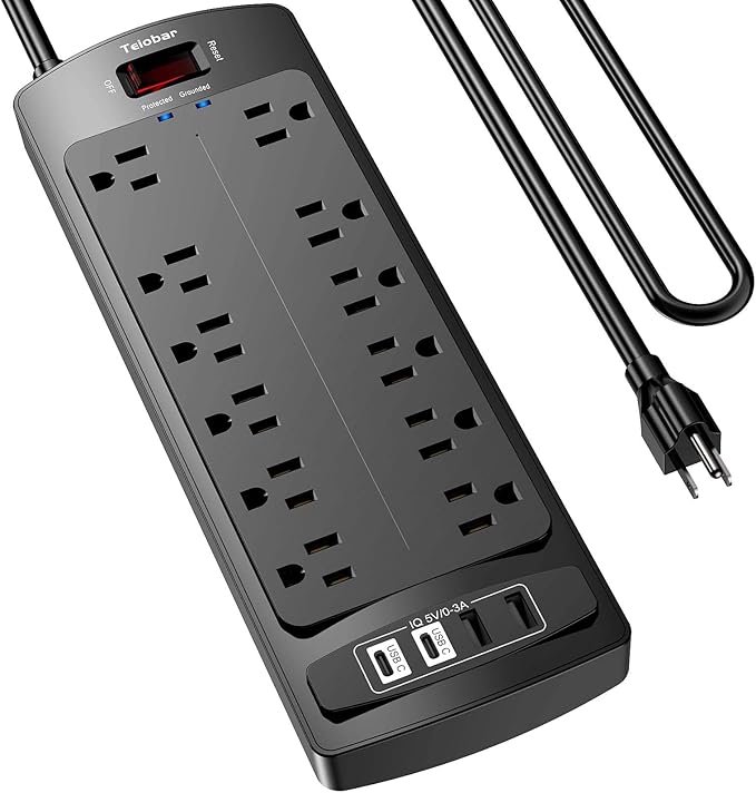 6 Ft Extension Cord Power Strip, Teiobar Surge Protector with 12 AC Outlets and 4 USB Ports for Home, Office, Dorm Essentials, 1875W/15A, 2700 Joules, ETL Listed, Black