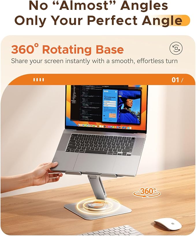 ORICO Adjustable Laptop Stand with 360° Rotating Base– Foldable Aluminum Alloy Laptop Holder for Desk, Compatible with MacBook Air/Pro, Dell, HP, XPS Laptops (13–17.3”) - ST10, Silver