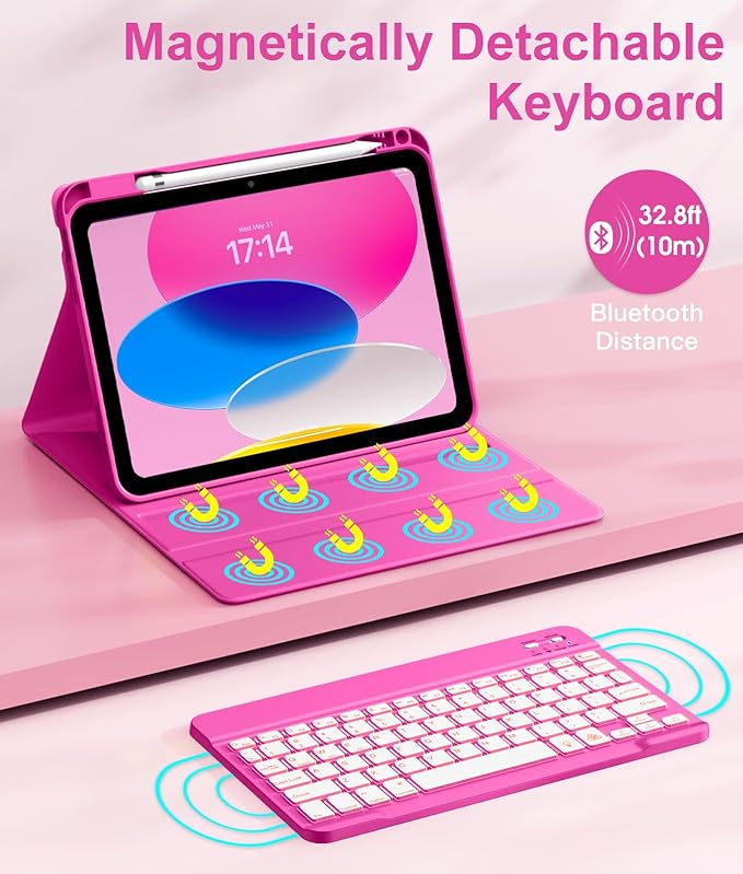 Hamile for iPad 11th 10th Generation Case with Keyboard - 7 Colors Backlit Wireless Detachable Folio Keyboard Cover with Pencil Holder for iPad 11-inch A16 2025 10th Gen 10.9 Inch 2022 (Hot Pink)
