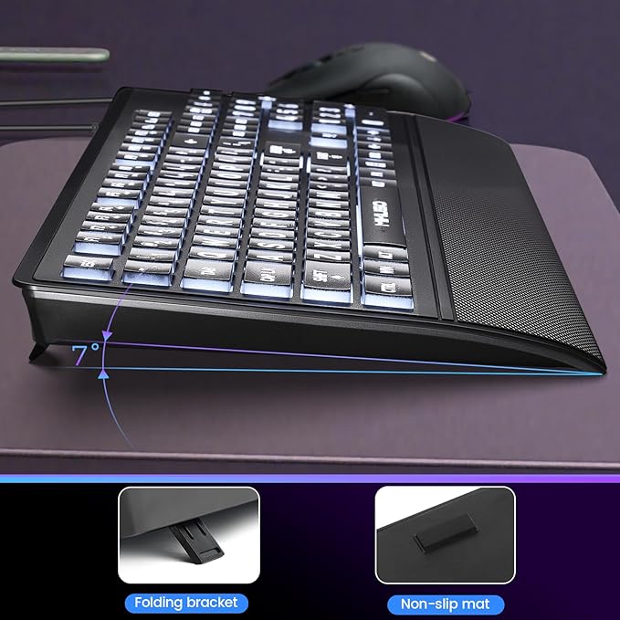 Large Print Keyboard for Seniors,Visually Impaired-High Contrast Black Keys,White Backlit with Cover,Wired USB 104 Full Size-Easy to Read Big Letters for Macular Degeneration Low Vision (No Glare)