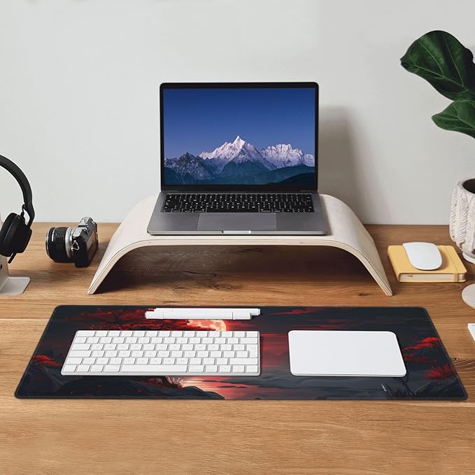 Extended Gaming Mouse Pad, Large Desk Mat XL Anime Mouse Pad Waterproof with Stitched Edges, Non-Slip Desktop Pad for Home and Office, Level Up Your 31.5x11.8 Inch (Darkness Red Moon)