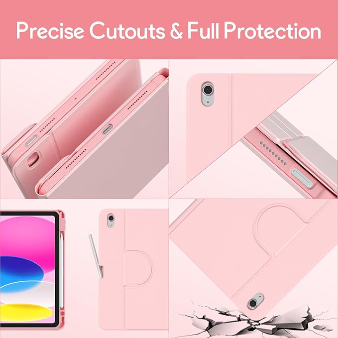 YBING Keyboard Case for iPad 11th Generation 2025 & 10th Generation 2022, 360 Rotating Magnetic Cover with 7-Color Backlit Wireless Detachable Keyboard with Pencil Holder for iPad A16 11" (Pink)