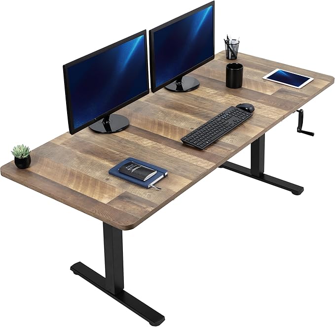 VIVO Manual Height Adjustable 71 x 30 inch Stand Up Desk, Reclaimed Wood Table Top, Black Frame, Standing Workstation with Foldable Handle, DESK-KIT-MB7P