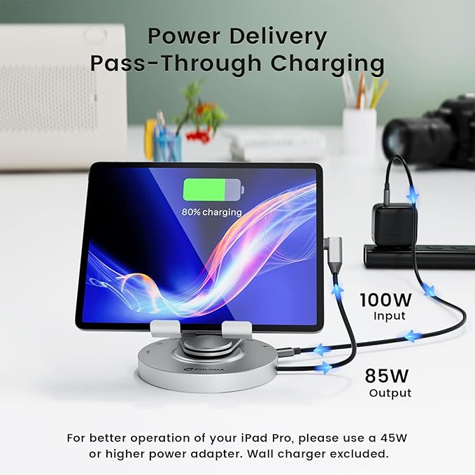 USB C Hub for Ipad Pro Docking Station, FOLODA 8-in-1 Rotatable Folding Type-C Tablet Stand with 4k HDMI, USB C 3.0 Data Port, 2*USB A 3.0, 100W PD Charging, 3.5mm Aux for Ipad Pro/Phone 15/Galaxy Tab