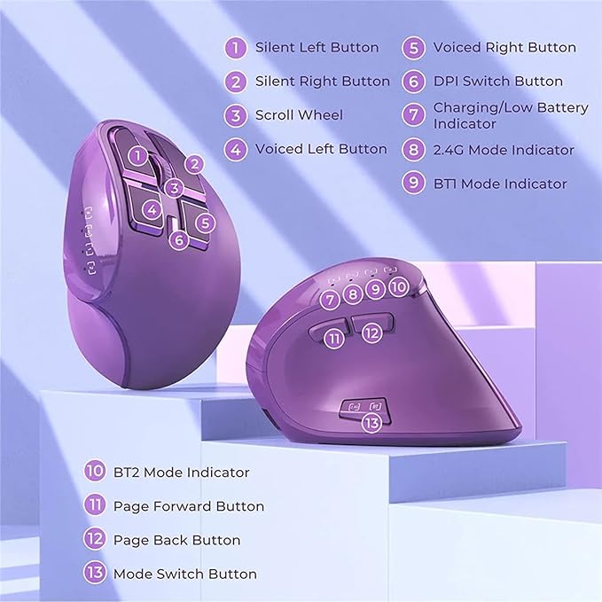 Vertical Mouse, Wireless Ergonomic Optical Mouse (BT 5.0 + Bluetooth 3.0 + USB Connection) with 9 Buttons, Rechargeable Computer Mouse for Wins PC/Laptop, Mac (Purple)