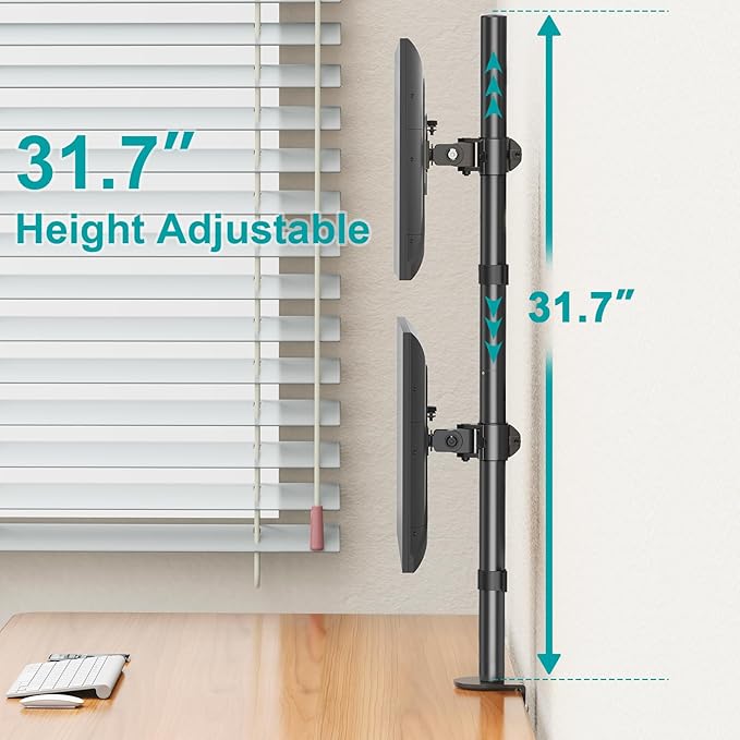 Vertical Dual Monitor Stand for 2 Max 32 inch Stack Screen Monitors, Stacked Monitor Mount with Swivel, Tilt, Height Adjustable, Computer Monitor Arm Holds up to 17.6 lbs Each