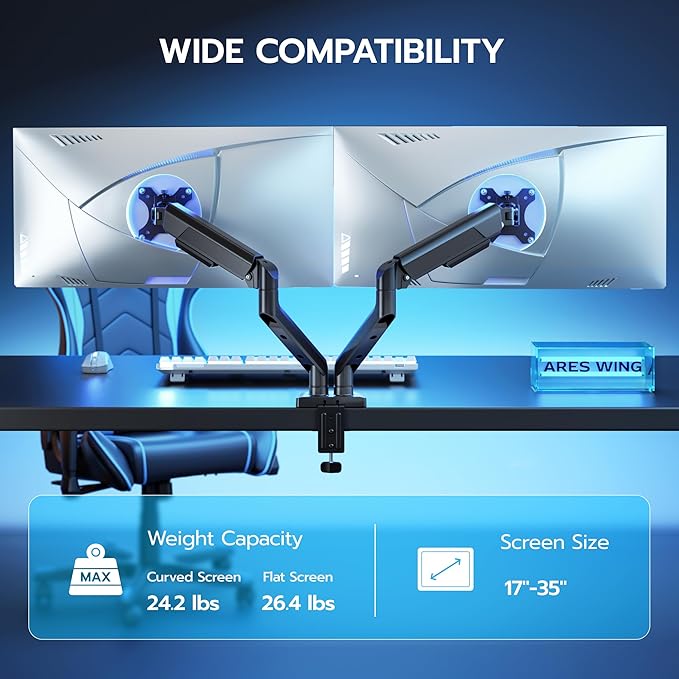 ARES WING Dual Monitor Mount, Heavy Duty Monitor Arms for 2 Monitors for 17-35 Inch, Fully Adjustable Monitor Desk Stand Ultrawide Screen, VESA 75x75 or 100x100mm, Black