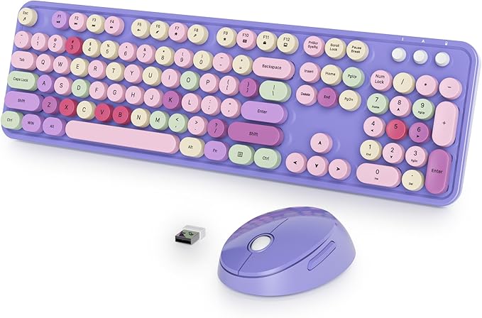 Purple Keyboard and Mouse Combo Wireless, 2.4G Full Size 104-Key Retro Typewriter Keyboards Round Keys for Students Teenagers Home Office PC Laptop(Colorful Purple)