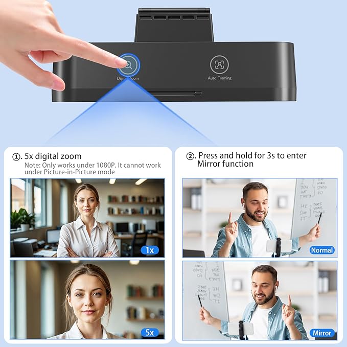 4K Webcam for PC, AI Auto Framing, Picture-in-Picture, USB Webcam with 2x Noise Reducing Mics, Auto Light Correction, 5X Zoom, 92°FOV, Plug and Play, Ideal for High-end Meeting, Video Calling