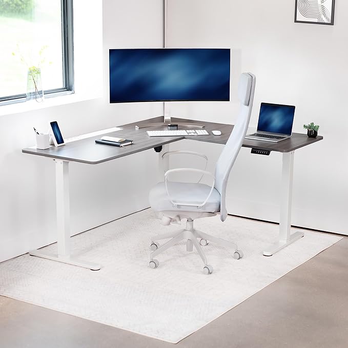 VIVO Corner Standing Desk, 63 x 55 inch Reversible L-Shaped Workstation, Electric Height Adjustment, Home, Office, and Reception Rooms, Dark Gray Table Top White Frame, DESK-E3CTWG