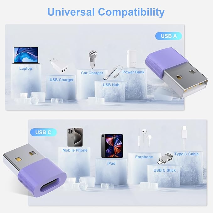 USB to USB C Adapter,3Pack USBC Female to USB A Male with Convenient Carrier, Type C Converter for iPhone 17/16/15/14/13/12, iPad, iWatch, AirPods,Galaxy S25/S24 (Purple)