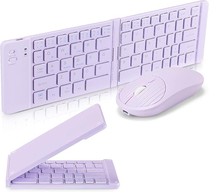 Foldable Mini Rechargeable Bluetooth Keyboard and Mouse Combo, 2.4G Wireless and Bluetooth,(Sync Up to 3 Devices), Ultra-Slim Travel Folding Keyboard for iPhone iPad Mac Android Windows iOS(Purple)