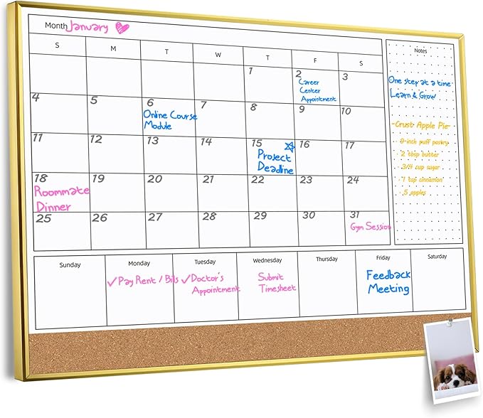 4-in-1 Dry Erase Calendar for Wall with Golden Aluminum Frame, 17x13 inches Magnetic Monthly & Weekly Planner Whiteboard, Cork Board Combo, Hanging White Board for Decor/Memo(4H1-Gold,4333)