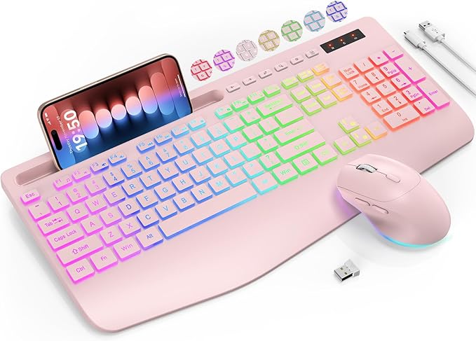 Wireless Keyboard and Mouse Combo, 9 Backlit Effects, Wrist Rest, Phone Holder, 2.4G Lag-Free Ergonomic Keyboards, KM22 MAX Rechargeable Silent Set for Computer, Laptop, Mac, Windows -SABLUTE（Pink）