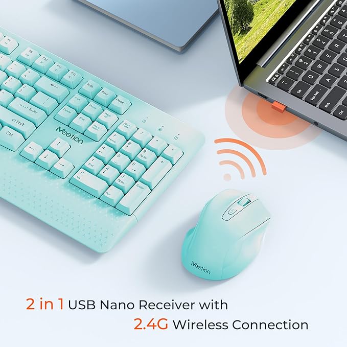 MEETION Wireless Keyboard and Mouse, Full-Sized Cordless Keyboard with Wrist Rest, 3 DPI Adjustable Mouse, 2.4GHz USB-A Receiver, Computer Keyboard for PC/Computer/Laptop/Windows/Mac, Blue
