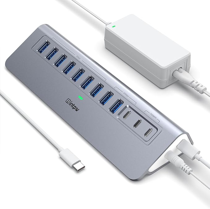 Powered USB Hub 10Gbps, intpw YH9AC 12-Port USB Splitter with USB A/USB C 3.2, 4 USB 3.0, 2 PD 45W Charging Ports, 65W Power Adapter + 3.3FT Cable, Aluminum USB Extender Hub for Laptop/PC/iPhone 16/15