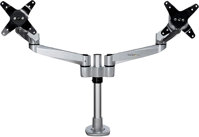 StarTech.com Desk Mount Dual Display Arm, Premium Articulating VESA Mount for Screens up to 27" (17.6lb/8kg), Height Adjustment, Rotate, Tilt, Swivel, Clamp or Grommet Base, TAA