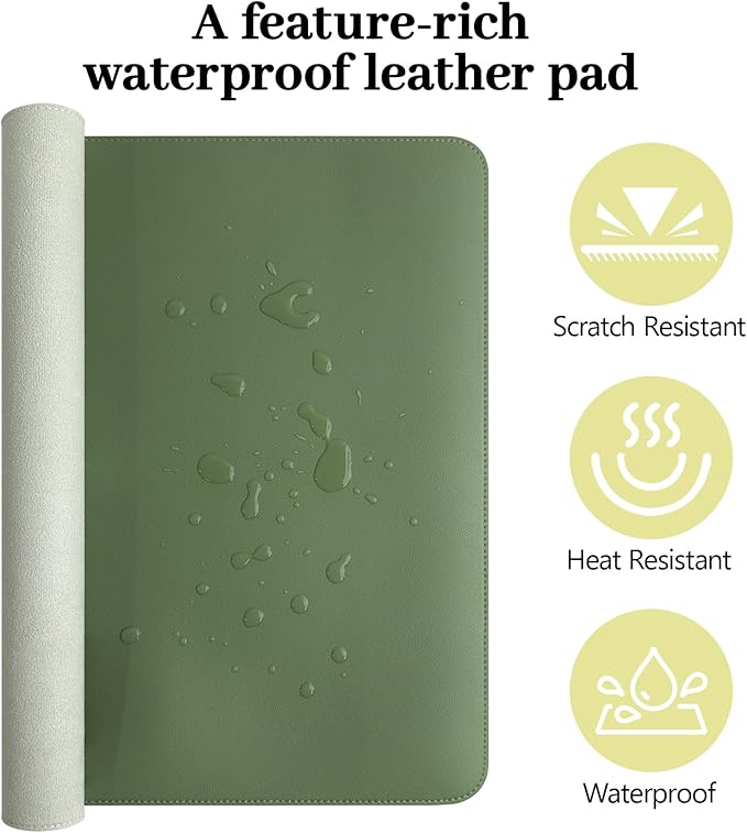 Olive Green Leather Desk Mat Large Mouse Pad, Waterproof Desk Pad for Keyboard and Mouse, Non-Slip Computer Desk Protector, Smooth Mouse Movement Desk Mat for Home and Office(31.5"×15.7")
