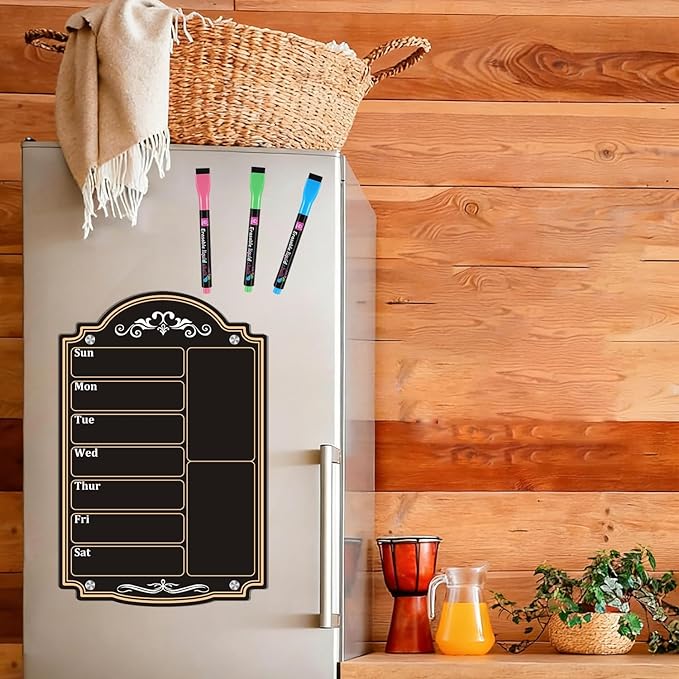 Acrylic Magnetic Dry Erase Board Calendar for Fridge 12" x 8" Black Weekly Planner Whiteboard for Refrigerator Magnet Planning Calendars to Do List Family House Kitchen Decor with 7 Colors Markers