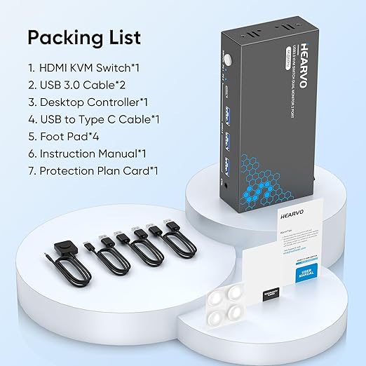 Hearvo HDMI KVM Switch 2 Monitors 2 Computers, USB 3.0,4K@60Hz KVM Switches Sharing of Dual Monitors Keyboard Mouse and Printer Between 2 Computers，with EDID，2 USB Cables and Controller -S7232H2