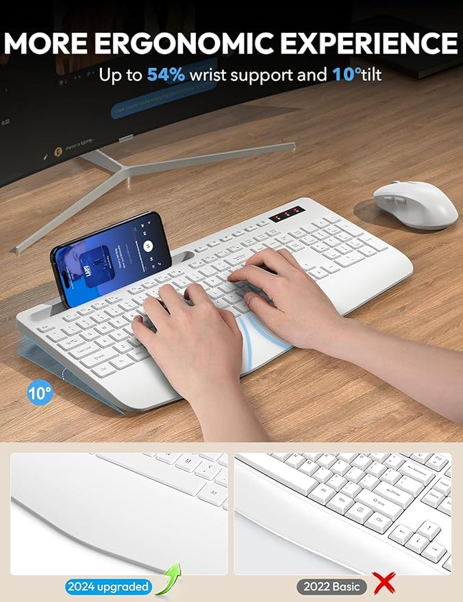 SABLUTE Wireless Keyboard and Mouse, Wrist Rest, Phone Holder, Batteries Included, 2.4G Lag-Free Ergonomic Keyboards Mouse Combo, Silent Keyboard Cordless Set for Computer, Laptop, PC, Windows, White
