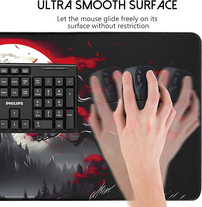Large Gaming Mouse Pad, Anime Black Mousepad with with Non-Slip Base, Expanded Cool Desk Mat, Mountain Moon Scenery XL Keyboard Mat Suitable for Home Office,35.4 X 15.7 Inch