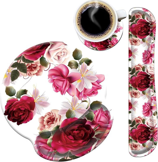 Mouse Pad Wrist Support and Keyboard Wrist Rest with Coaster,Non-Slip Rubber Base Ergonomic Gaming Mousepad for Home Office Working Studying Easy Typing & Pain Relief,Roses and Hyacinth Flowers