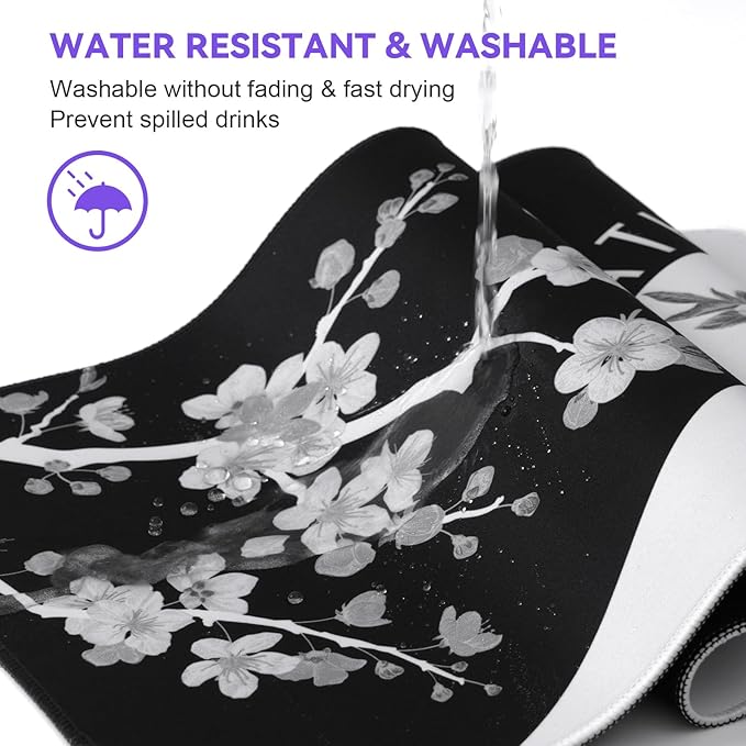 Mouse Pad Gaming Keyboard Pad 31.5 x 11.8 in Gaming Mouse Pad with Anti-Slip Rubber Base and Stitched Edges, Japanese Life Death Keyboard Mat(Black with White Cherry Blossom)