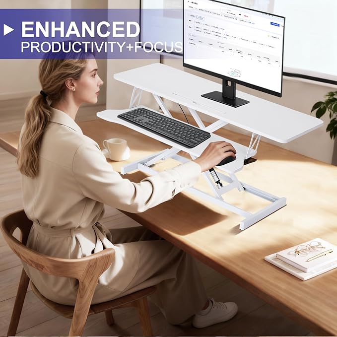 38-Inch Height Adjustable Standing Desk Converter, Duals Monitor & Laptop Riser with Wide Keyboard Tray, Sit to Stand Ergonomic Workstation for Home Office, School, Business, White