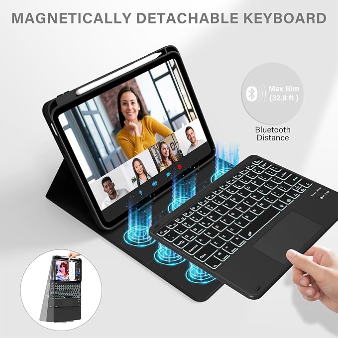 for iPad A16 11th 10th Case with Keyboard: Backlit Keyboard Case with Trackpad & Pencil Holder, Magnetic Detachable for Students Daily Learning & Note-Taking, Prestige Black