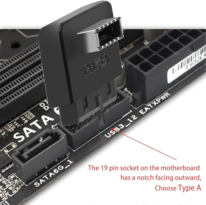 USB 3.0 19/20 Pin to Type E Key A 90-Degree Adapter, Type A and Type B Connectors, Black
