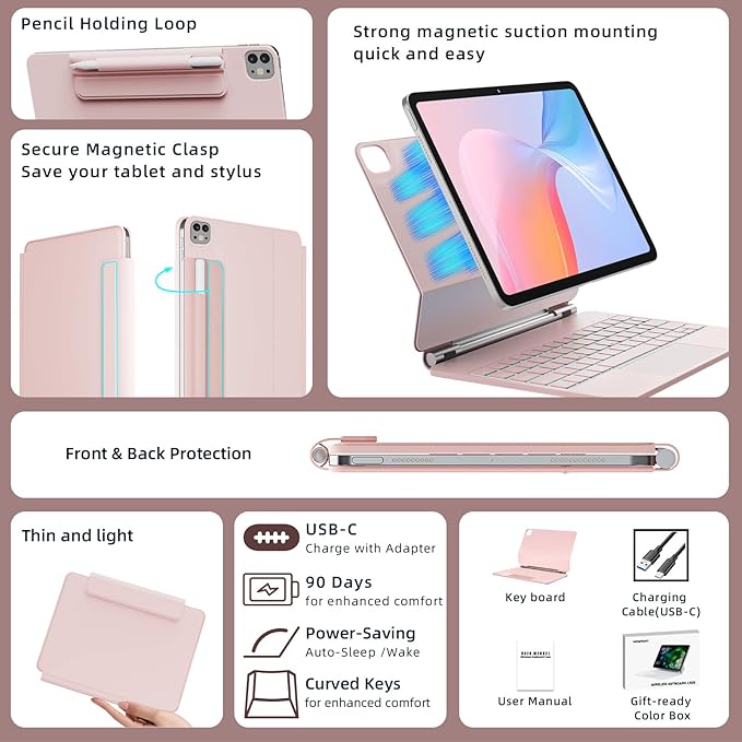 for iPad Air 11 inch Case with Keyboard (M4/M3/M2, 2026/2025/2024), iPad Pro 11 (4th/3rd/2nd/1st Gen) & Air 5/4th Magic Keyboard Case, 11 Colors Backlit, Multi-Touch Trackpad, Pink