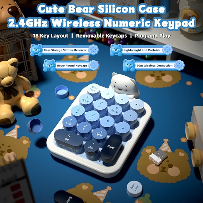 FELICON Cute Wireless Numeric Keypad with Silicon Bear,18-Key Colorful Round Keycaps,Ergonomic,2.4G Wireless Connection,Portable Financial Accounting Numpad Membrane Keyboard for PC,Laptop(Milk Blue)