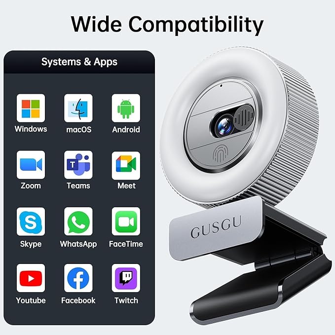 GUSGU 2K QHD Webcam with Microphone and Ring Light, G910 Web Camera Privacy Cover, USB Plug&Play Computer Camera for PC/Desktop/Laptop/Mac, Streaming Camera for Video Conferencing