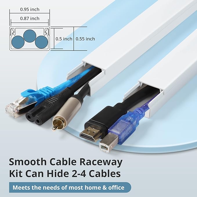 Cord Covers for Wires on Wall Extra-Long, 13.12ft TV Cord Hider Kit, Paintable Cable Management Concealer, TV Wire Hider for Wall, White Cable Raceway Channel, 4 x L39in x W0.95in x H0.55in