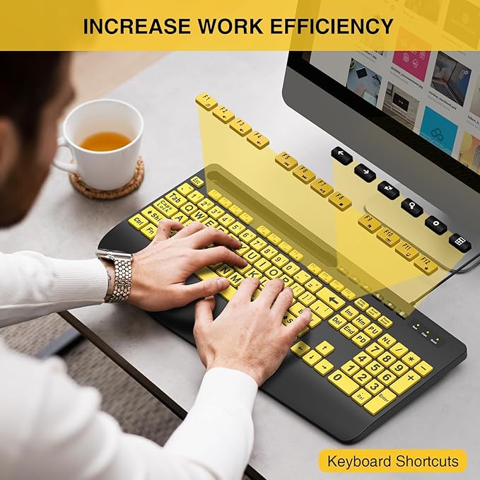 SABLUTE Large Print Keyboard Wired Computer Keyboards with Wrist Rest, Phone Holder, Big Letters Easy to Read Compatible Windows, Desktop, Laptop, Yellow