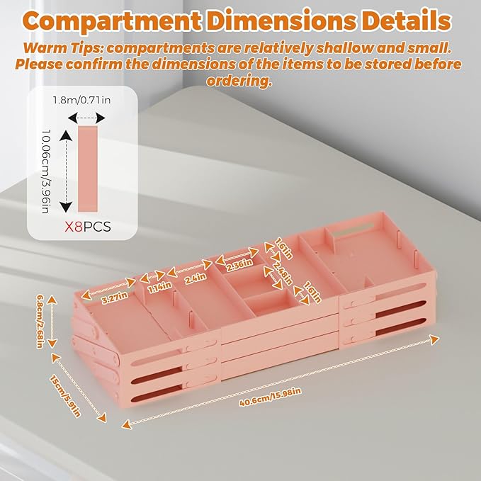 3 Tier Drawer Organizer - Expandable Junk Drawer Organizer Smart Office Supply Organizer, Folding Storage Multi-level Desk Organizer for Makeup,Jewelry,Kitchen Storage (1 Row 3 Tier, Pink)