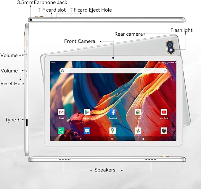 Tablet 10.1 Inch 128 Storage+1TB Expand 2 in 1 Android Tablets, Tablet with Keyboard Case Mouse, 5G Dual WiFi, GPS, Octa Core, HD Touchscreen,13MP Dual Camera, Bluetooth, 7000 mAh Battery -Silver