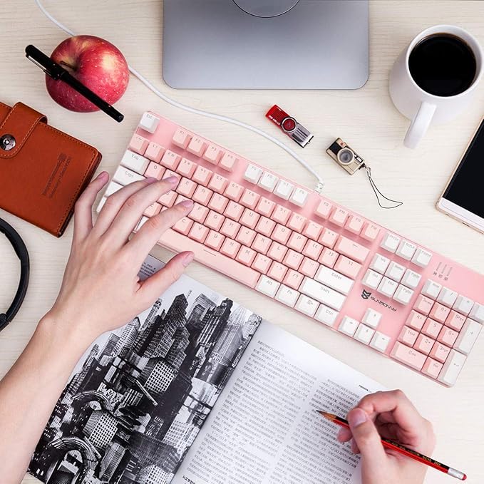 104 Keys Full Size Mechanical Keyboard | Blue Switch, Pink & White Color 104 Keys US Layout Led Backlit Hot Swappable Wired Mechanical Light Up Pink Keyboard | Wired Gaming Computer Keyboards