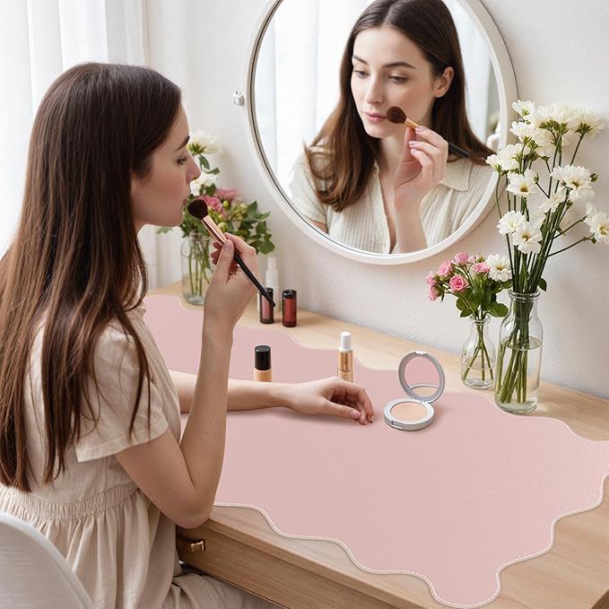 iCasso Leather Desk Pad Pink,Extra Large Mouse Pad for Desktop,Waterproof PU Nail Table Mat,Cute Scalloped Keyboard Mats for Women Girl,Non-Slip Desk Cover Mat for Office Home Dorm