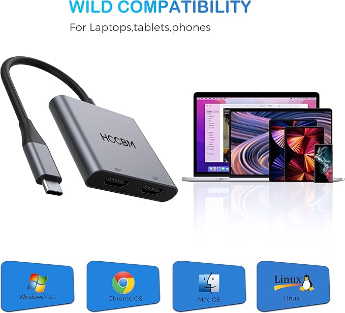 USB C to Dual DisplayPort(DP) Adapter Splitter 8K, Dual Monitor Adapter for Dell HP Surface Laptops,Type C to 2 DP Hub Dongle 8K@30hz/ 4K@144HZ