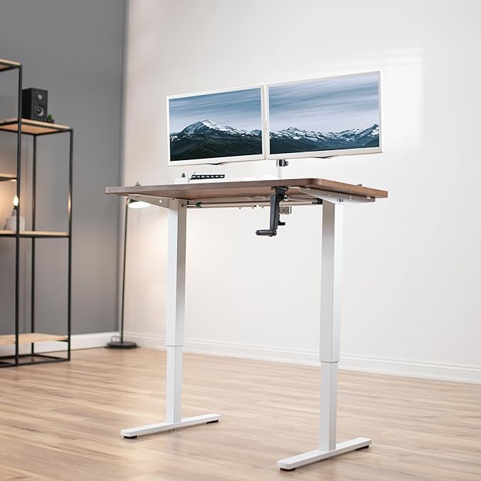 VIVO Compact Hand Crank Stand Up Desk Frame for 37 to 77 inch Table Tops, Ergonomic Standing Height Adjustable Base with Foldable Handle, White, DESK-M051MW