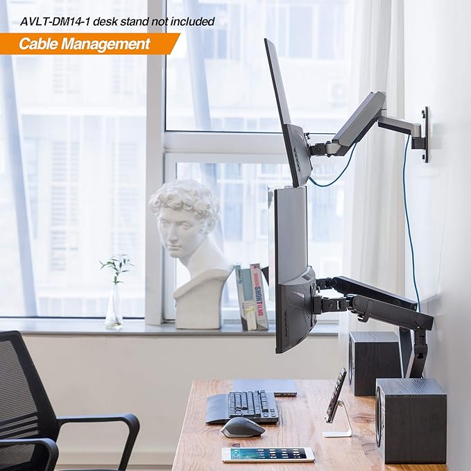 AVLT Single Extended 13"-32" Monitor Wall Mount fits Flat/Curved Computer Screen Full Motion Height Swivel Tilt Rotation Adjustable Arm - VESA/Cable Management