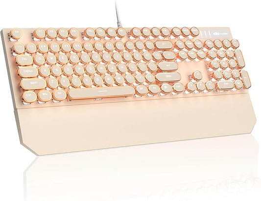 MageGee Typewriter Mechanical Gaming Keyboard, Retro Punk Creamy Round Keycaps, 104 Keys LED White Backlit Wired Keyboards for Laptop MAC PC Gamer, with Magnetic Wrist Rest, Blue Switch