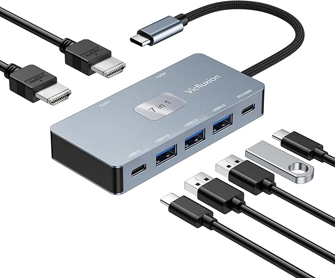 7-in-1 USB C Docking Station Dual Monitor, USB-C Hub with 2 HDMI Ports, 3 USB 3.0, 1 Type-C Data Port, 100W PD, Compatible with MacBook, Dell, HP, Lenovo, Surface