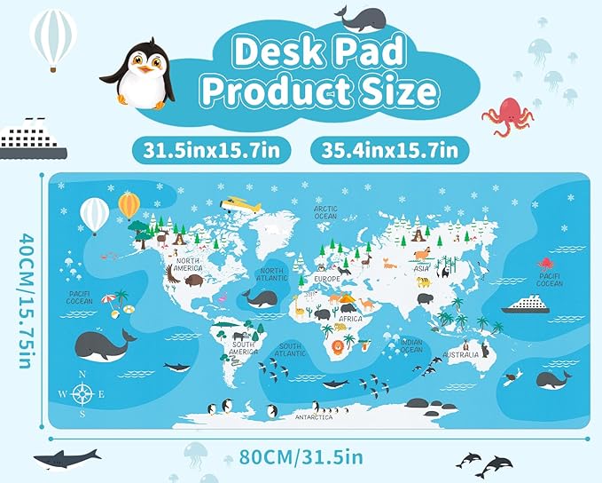 Kid's Desk Mat Cute Early Education Leather Desk Mat, Kawaii Blue Toddler World Map Waterproof Desk Writing Pad, Large Keyboard and Mouse Mat for Classroom/Kindergarten(31.5" X 15.7")