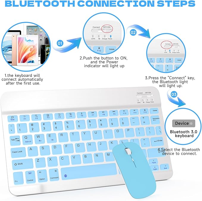 Bluetooth Keyboard and Mouse Combo, Qwert Layout Universal Ultra-Slim Wireless Keyboard Mouse Set for Android Windows iPad iPhone Samsung Tablet Portable Compact Keyboard Set, Light Blue