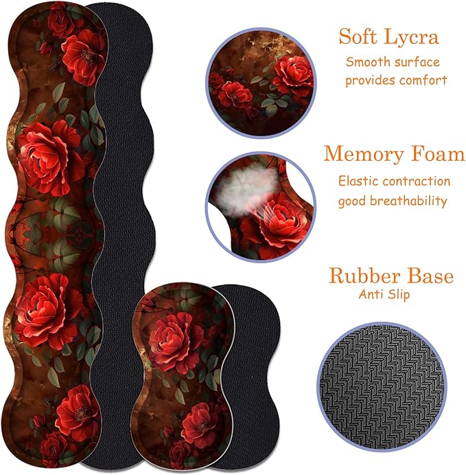 Large Gaming Mouse Pad + Keyboard Wrist Rest + Wrist Support + Coaster Set, Memory Foam Ergonomic for Easy Typing, XXL Extended Gaming Mouse Pad Table Pad - Red Rose