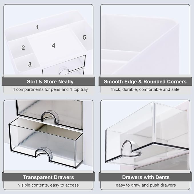 Plastic Pen Organizer, Multifunctional Desk Organizer with 2 Drawers, 4 Compartments & a Top Tray, Pencil Holder Desktop Organizers and Accessories for Office, 7.7" x 5.5" x 3.9" (White)