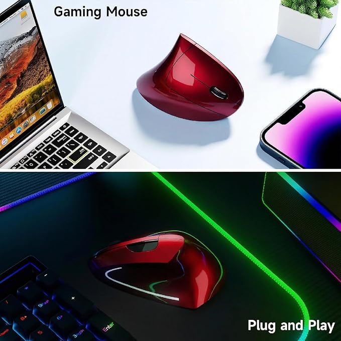Ergonomic Vertical Wireless Mouse Stylish Rechargeable 2.4G Optical Mice Cordless Mouse with USB Receiver, 800/1200 /1600 DPI, 5 Buttons for Laptop,PC,Mac,Computer (Red)